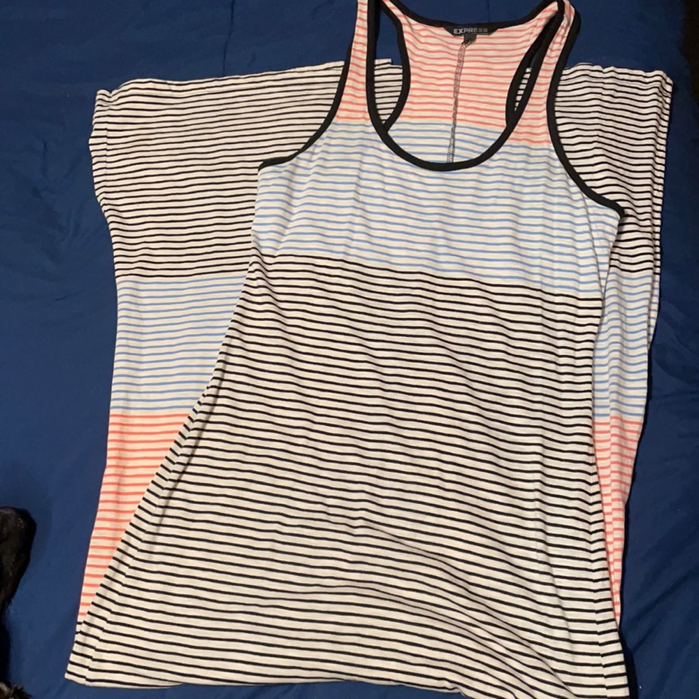 Like new. Express. Medium blue, pink, black striped racer back maxi dress.